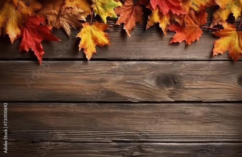 Autumn yellow red leafs border frame on dark brown barn wood planks background. Horizontal postcard template. Empty space for copy, text, lettering.