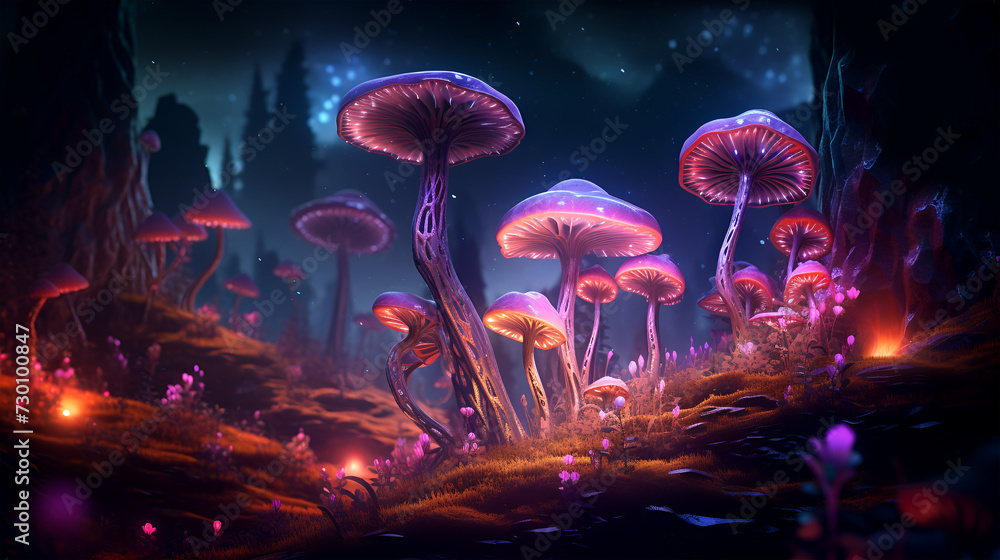 Beautiful lighting of the mushroom which glows stunning neon fantasy colors in the night Beautiful lighting of the mushroom which glows stunning neon fantasy colors in the night