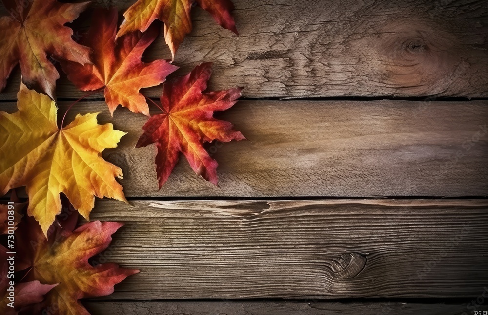 Autumn yellow red leafs border frame on dark brown barn wood planks background. Horizontal postcard template. Empty space for copy, text, lettering. Autumn yellow red leafs border frame on dark brown barn wood planks background. Horizontal postcard template. Empty space for copy, text, lettering.