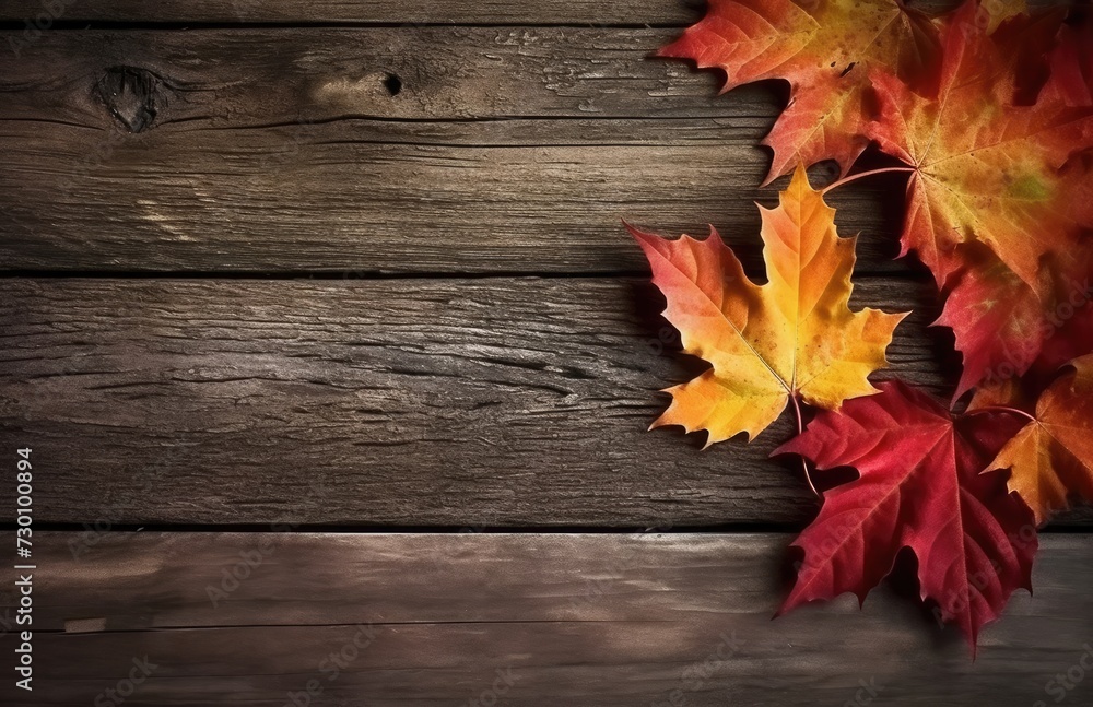 Autumn yellow red leafs border frame on dark brown barn wood planks background. Horizontal postcard template. Empty space for copy, text, lettering. Autumn yellow red leafs border frame on dark brown barn wood planks background. Horizontal postcard template. Empty space for copy, text, lettering.