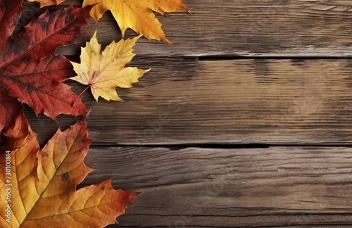 Autumn yellow red leafs border frame on dark brown barn wood planks background. Horizontal postcard template. Empty space for copy, text, lettering.