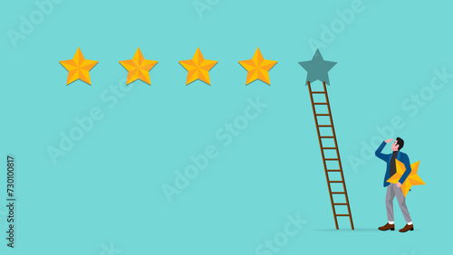 five star rating illustration with concept of businessman puts a star to give five star rating, business people placing 5 stars rating flat with flat style, client holding review stars concept