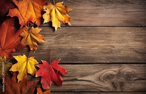 Autumn yellow red leafs border frame on dark brown barn wood planks background. Horizontal postcard template. Empty space for copy  text  lettering.