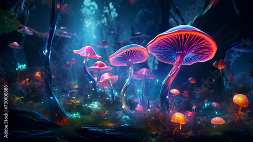 Beautiful lighting of the mushroom which glows stunning neon fantasy colors in the night