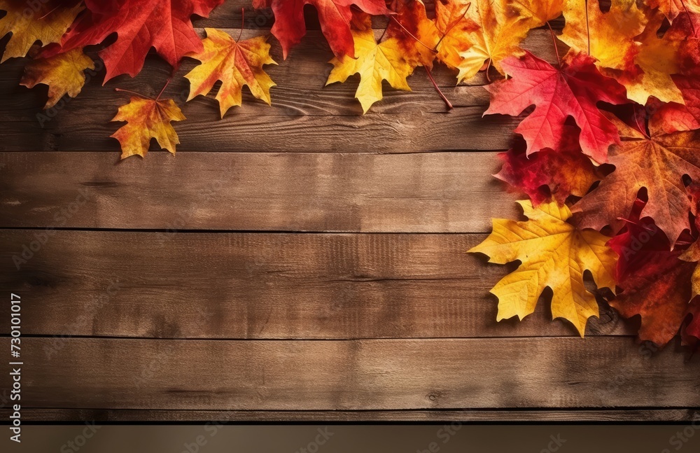 Obraz premium Autumn yellow red leafs border frame on dark brown barn wood planks background. Horizontal postcard template. Empty space for copy, text, lettering.
