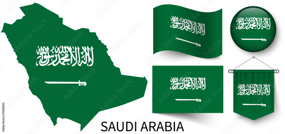 The various patterns of the Saudi Arabia national flags and the map of the Saudi Arabia borders