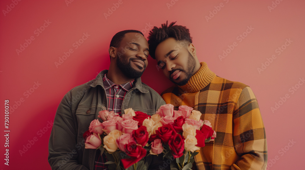 Colourful studio portrait of a gay male couple. Happy hipster gay couple in love hugging while standing in the outdoor. Joyful homosexual man makes a surprise with flowers for his male lover. Colourful studio portrait of a gay male couple. Happy hipster gay couple in love hugging while standing in the outdoor. Joyful homosexual man makes a surprise with flowers for his male lover.