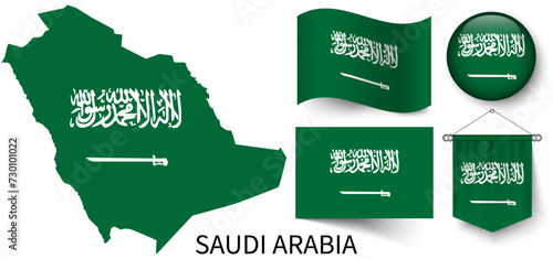 The various patterns of the Saudi Arabia national flags and the map of the Saudi Arabia borders photo