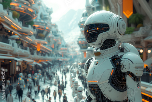 Futuristic cityscape with humanoid androids seamlessly integrated into everyday life, showcasing the harmonious coexistence of robots and humans