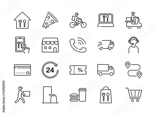 Food delivery line icons set. Editable stroke. Vector illustration.	