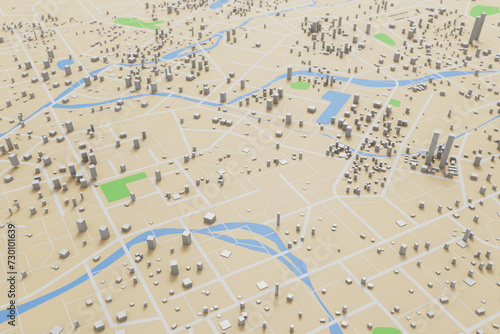 3D rendering city map illustration of a city map created using 3D modeling. Top view of Urban map with main road and sub road detailed representation of a city
