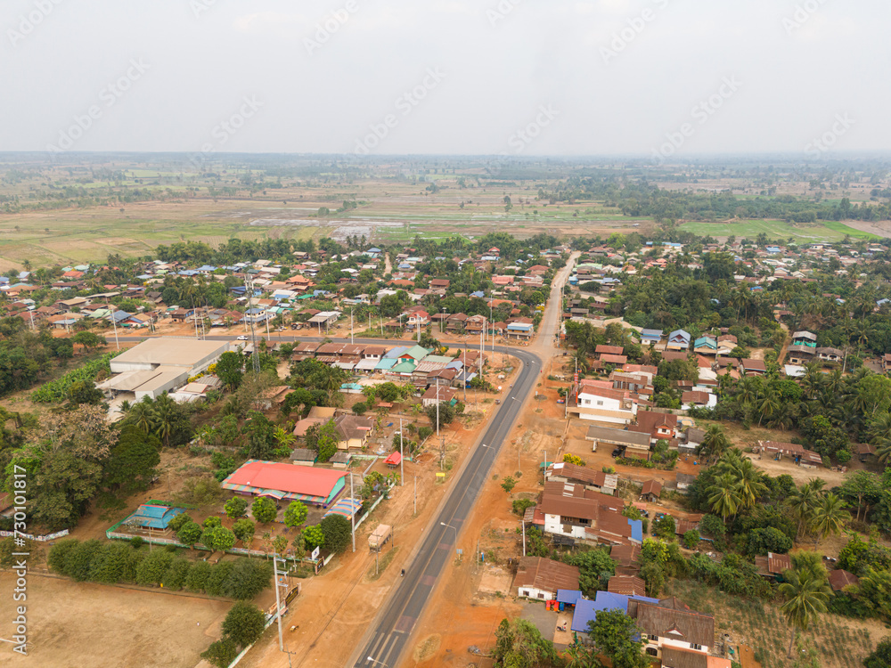 Aerial view of the rural countryside village in dry season