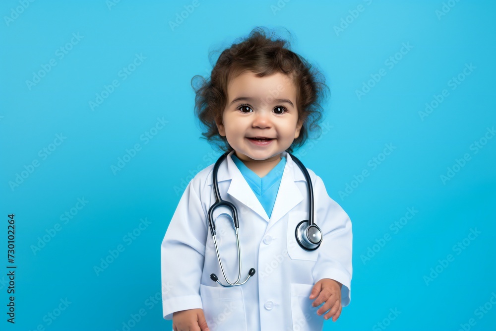 smart doctor Little kid with white medical coat and stethoscope on bright background. empty space smart doctor Little kid with white medical coat and stethoscope on bright background. empty space