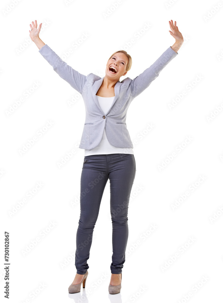 Wow, winner and success with business woman in studio isolated on white background for celebration. Energy, motivation and goals with happy young person cheering for target, achievement or victory Wow, winner and success with business woman in studio isolated on white background for celebration. Energy, motivation and goals with happy young person cheering for target, achievement or victory