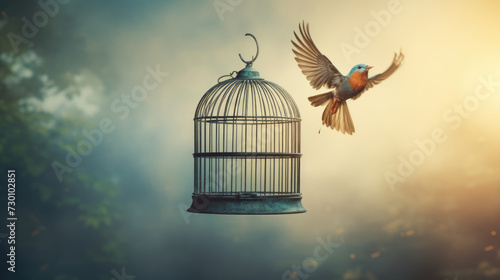 Bird cage empty, bird escape, freedom concept,Escaping from the cage	
 photo