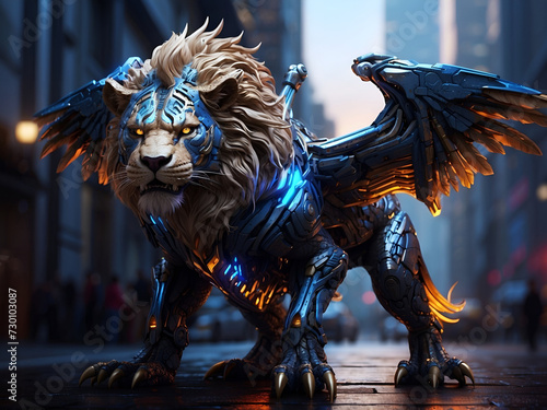 A lion robot with wings stands on a street. © Andriok Smith