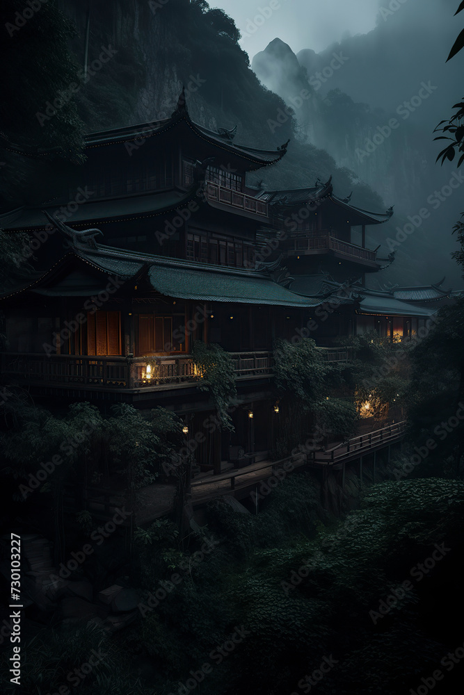 mystical scene of a traditional Asian architectural structure nestled amidst lush greenery and misty mountains at dusk, ai generative