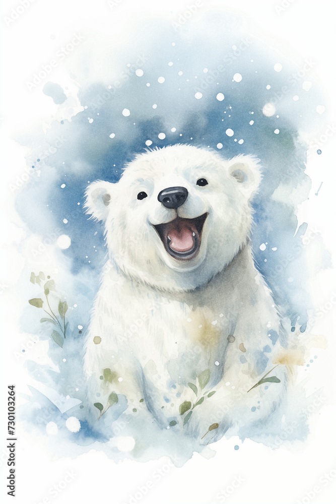 watercolor painting of cute polarbear smiling. high quality illustration for kid.