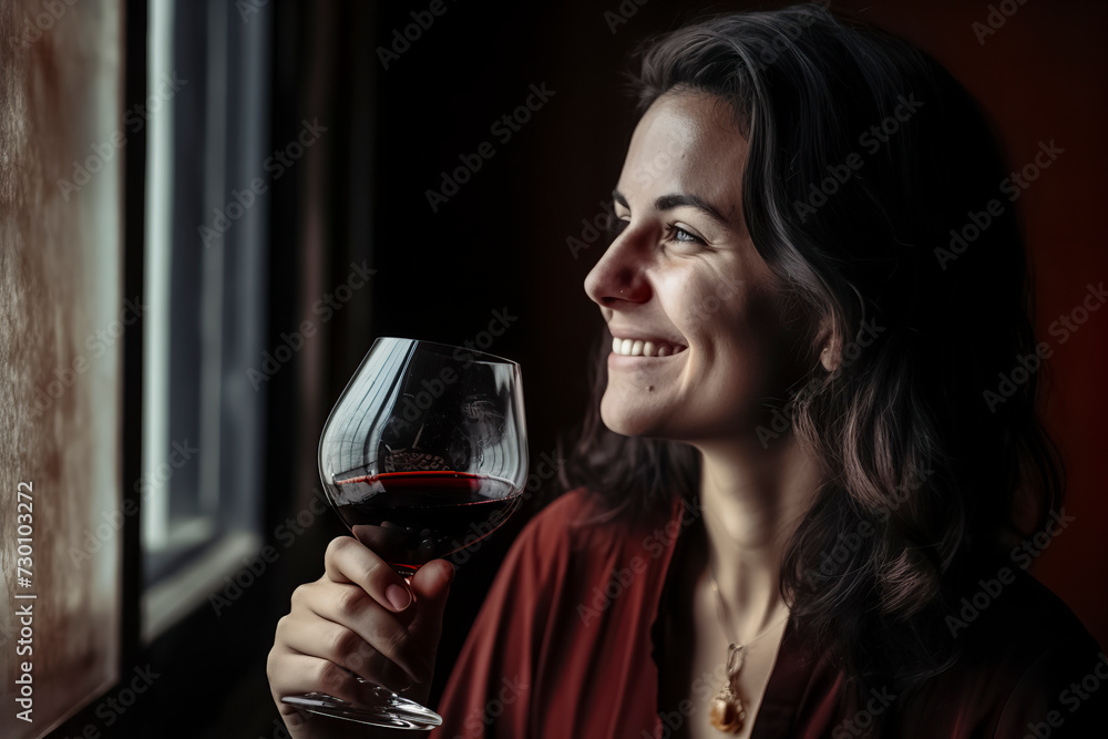 woman holding a glass of red wine near a window, ai generative woman holding a glass of red wine near a window, ai generative