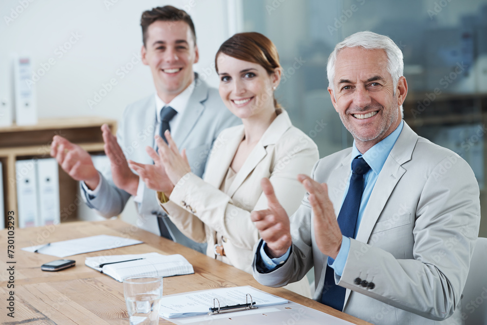 Fototapeta premium Success, portrait or business people clapping in presentation for winning, team support or motivation. Happy, audience or applause of proud employees for target goals, achievement or celebration