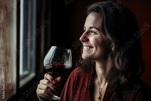 woman holding a glass of red wine near a window, ai generative
