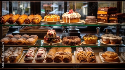 A showcase of freshly baked products such as croissants and donuts, cupcakes and pies. Concept: culinary magazines for cafes and bakeries, blogs about food, baking and confectionery, selling desserts.