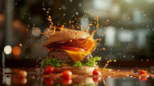 Big HumBurger splashes and splashes in the air generated by ai photo