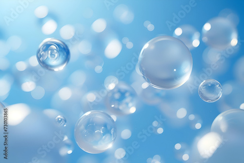 Many clear bubbles floating in the air against a light blue background. The bubbles reflect light and create a calm and dreamy mood. The bubbles have different sizes and shapes