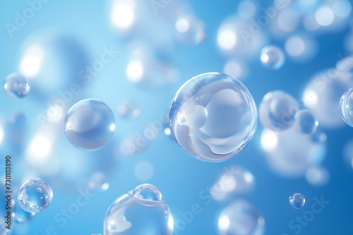 Many clear bubbles floating in the air against a light blue background. The bubbles reflect light and create a calm and dreamy mood. The bubbles have different sizes and shapes