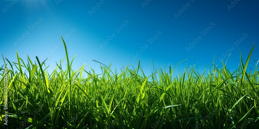 Obraz premium Green grass on blue sky background. Close up image of fresh spring grass