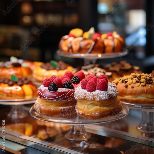 A showcase of freshly baked products such as croissants and donuts, cupcakes and pies. Concept: culinary magazines for cafes and bakeries, blogs about food, baking and confectionery, selling desserts.