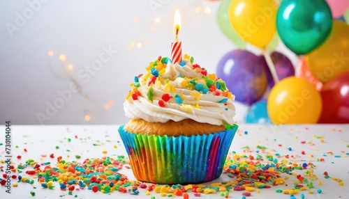 A colorful vanilla cupcake sitting on the counter with a lit candle, sprinkles and balloons for a birthday celebration