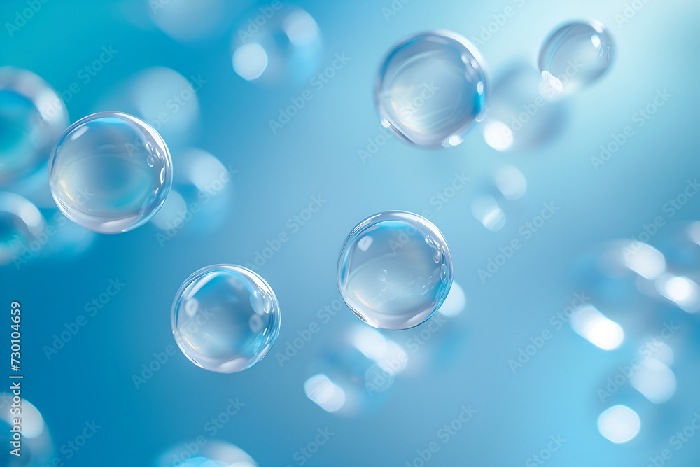 an artistic representation featuring a collection of transparent and glossy bubbles or droplets. They are floating against a soft blue background, creating a serene and ethereal atmosphere