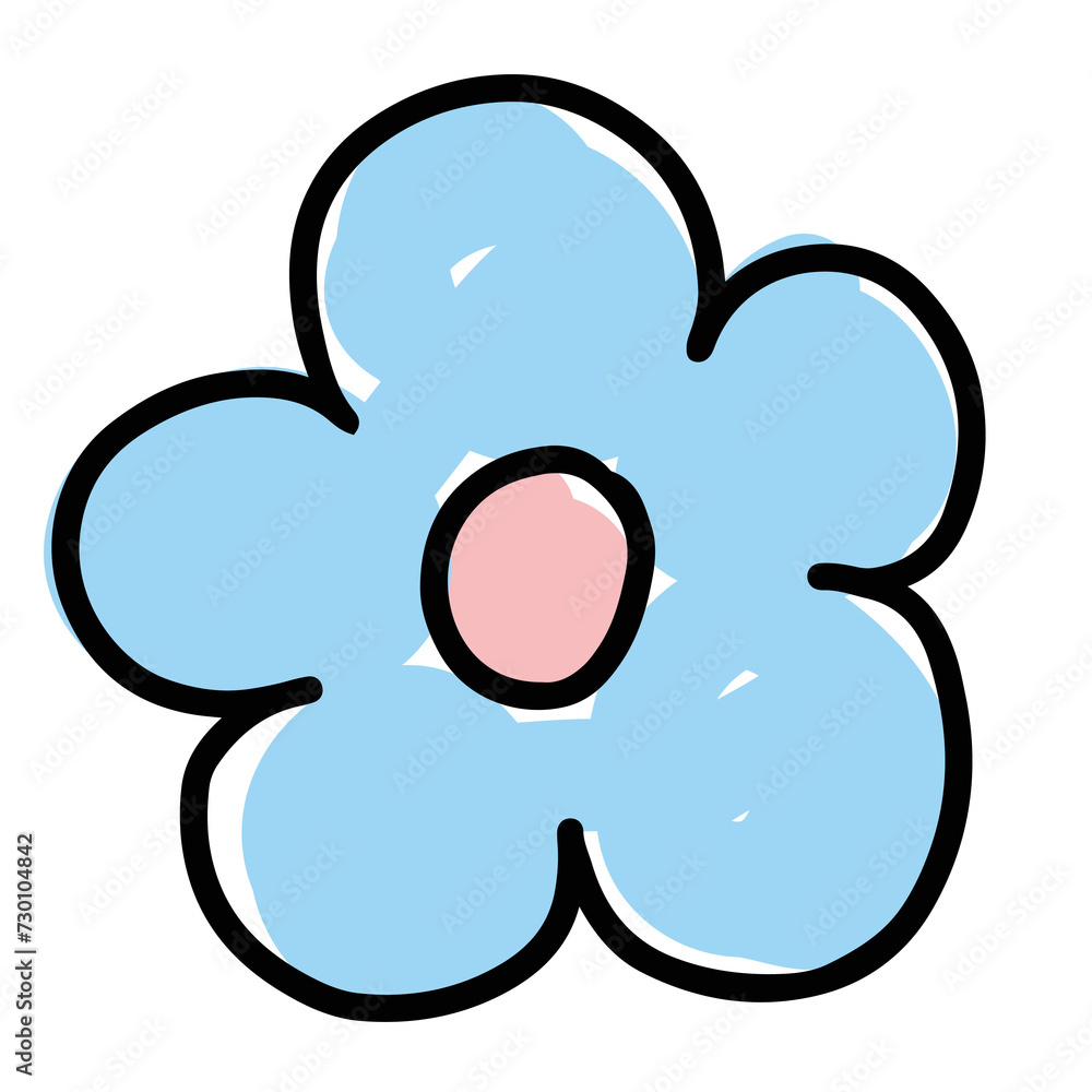 Obraz premium Hand drawn blue flower in kid colouring style for floral stickers, logo, icon, clip arts, tattoo, decorations, shirt print, card, social media, plant, garden, spring, summer, ads, banner