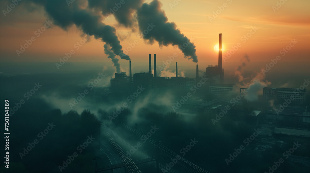 Sunset silhouette of an industrial plant emitting smoke against a polluted city skyline, blending nature with industry in an environmental landscape