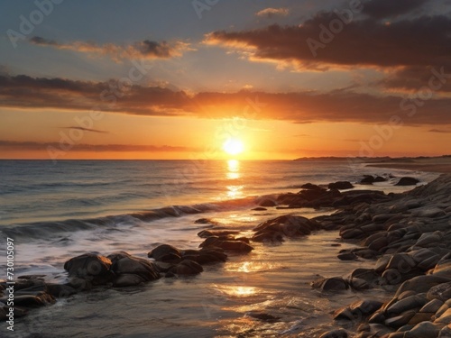 sunset on the seashore with waves and stones on the shore