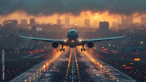 An airplane take off from airport in the evening.