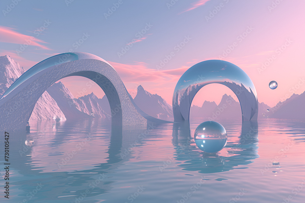 3d Render, Abstract Surreal pastel landscape background with arches and ...