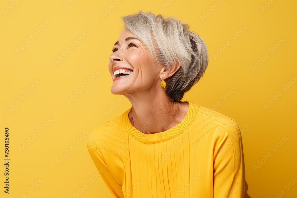 Happy senior woman laughing and looking at copy space isolated over yellow background Happy senior woman laughing and looking at copy space isolated over yellow background