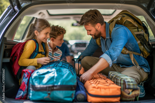 Parents and kids packing a car trunk with suitcases and sports equipment, ready for a summer road trip filled with outdoor activities