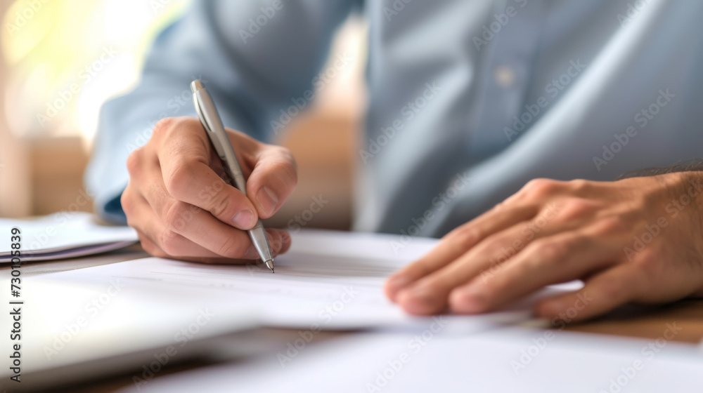 A close-up shows a person's hands signing a document on a desk, one hand holding a pen with precision and the other providing stability A close-up shows a person's hands signing a document on a desk, one hand holding a pen with precision and the other providing stability