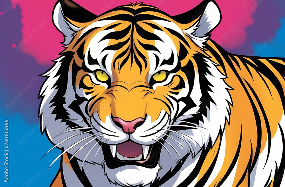 Fototapeta premium The tiger shows his grin, close-up, blue-purple-pink background.