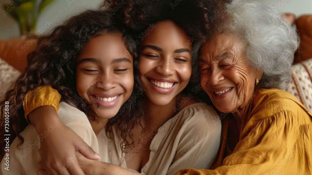 generations of females—a child, her mother, and grandmother—are sharing a close and joyful embrace, smiling brightly and exuding warmth and happiness. generations of females—a child, her mother, and grandmother—are sharing a close and joyful embrace, smiling brightly and exuding warmth and happiness.