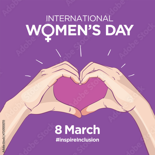 Inspire Inclusion slogan International Women's Day 8 march 2024. Iwd world Campaign. Vector woman's hands on heart gesture on purple background.