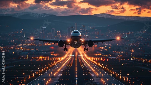 An airplane take off from airport in the evening.