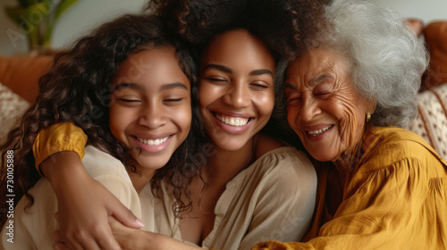 generations of females—a child, her mother, and grandmother—are sharing a close and joyful embrace, smiling brightly and exuding warmth and happiness.
