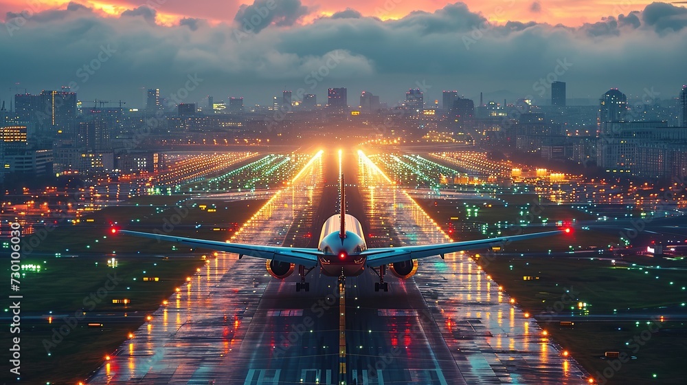 An airplane take off from airport in the evening. - obrazy, fototapety, plakaty 
