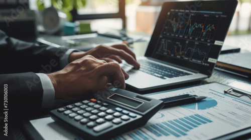 A person's hands interact with a tablet displaying financial graphs, indicating a professional setting where business analytics and data review are being conducted.