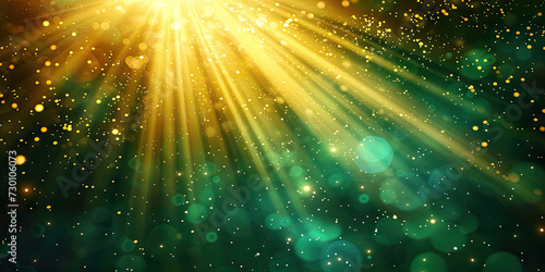 a beautiful light shining out with golden rays bokeh green , bright green sun shining through dark background. Suitable for nature, environmental, energy, and abstract concepts. Textures, patterns,