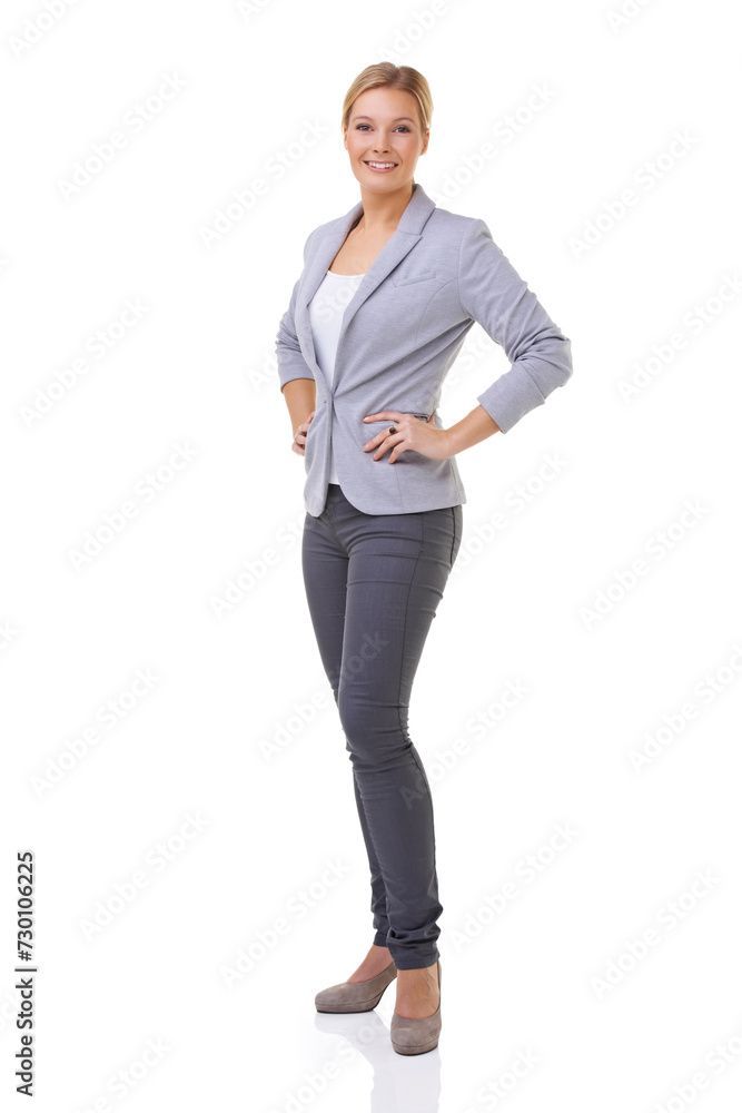 Style, smile and portrait of woman in studio with elegant, business or fancy outfit with blazer. Happy, confidence and full body of female person with corporate fashion isolated by white background. Style, smile and portrait of woman in studio with elegant, business or fancy outfit with blazer. Happy, confidence and full body of female person with corporate fashion isolated by white background.